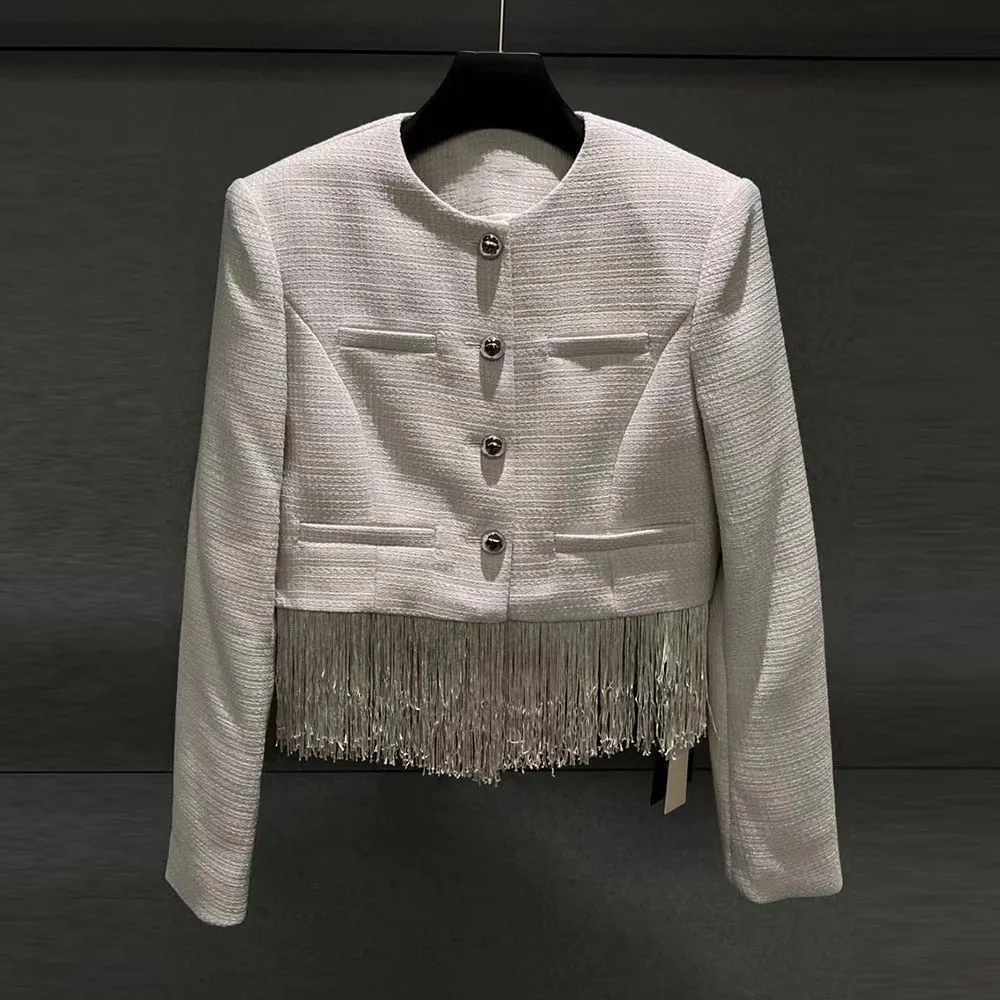 Solid Temperament Spliced Tassel Jackets For Women Round Neck Long Sleeve Patchwork Single Breasted Jacket Female