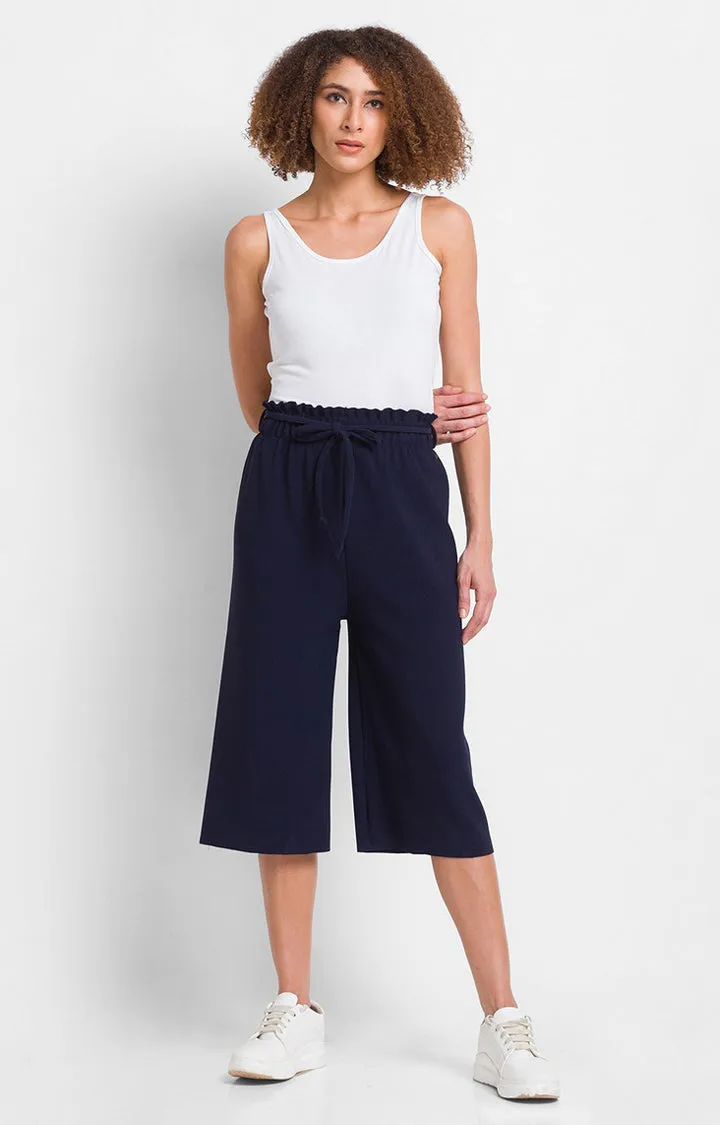 Spykar Navy Blue Cotton Loose Fit 3/4 Culottes For Women