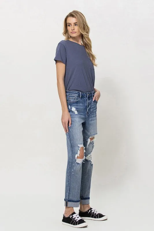 Stretch Mom Jeans w/ Spatter Detail and Cuff