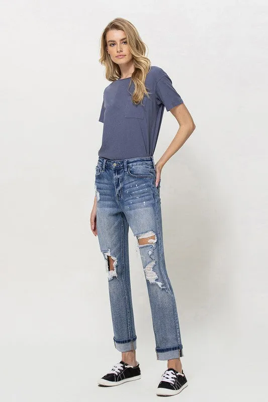 Stretch Mom Jeans w/ Spatter Detail and Cuff