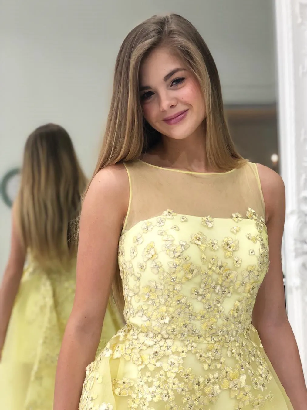 Stylish Round Neck Yellow Lace Floral Prom, Yellow Lace Formal Graduation Evening