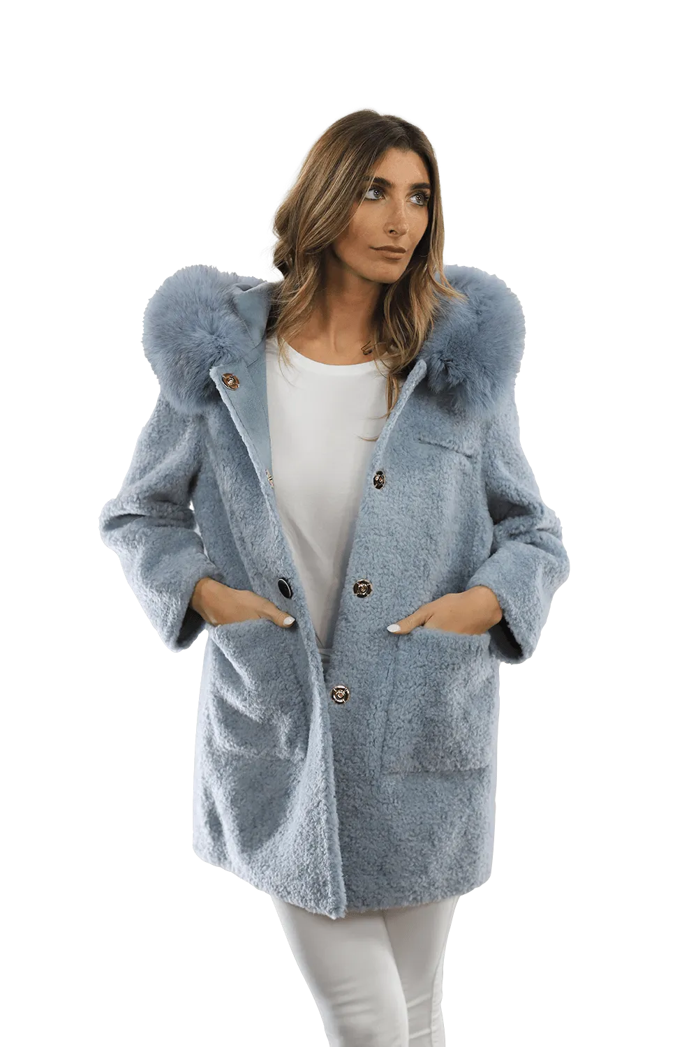 Teddy Coat with Fox Trim Hood - BLUE