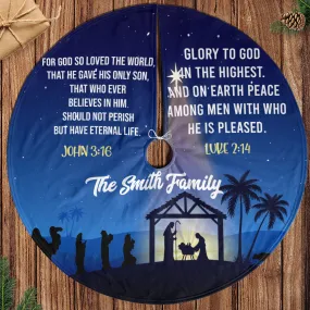 Teesdily | Customized Jesus Nativity Scene Christmas Tree Skirt, Jesus Christ Bible Verse Christmas Decoration, Family Xmas Gift