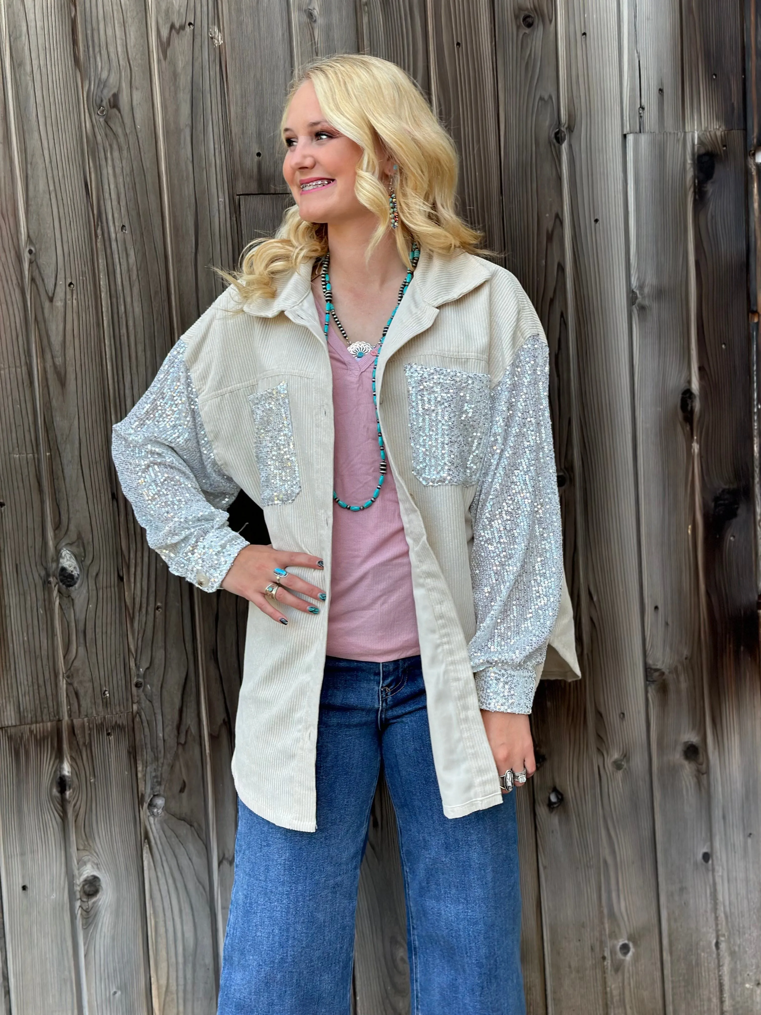 The City Days Cord with Sequin Sleeve Shacket