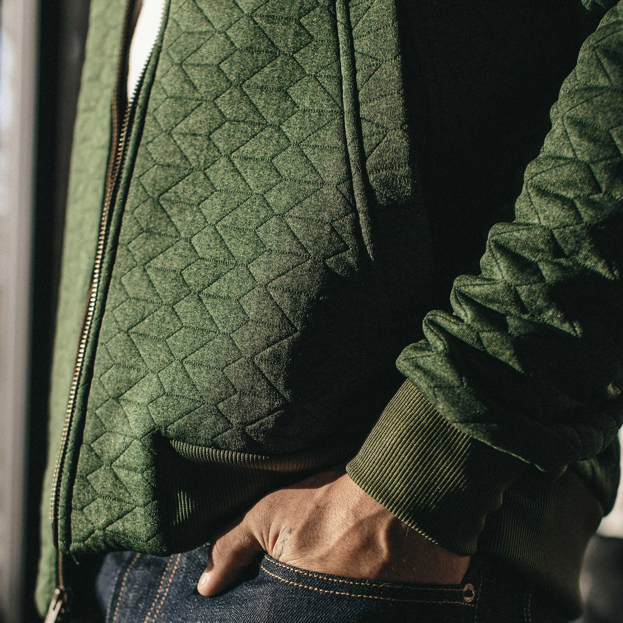 The Inverness Bomber in Olive Knit Quilt