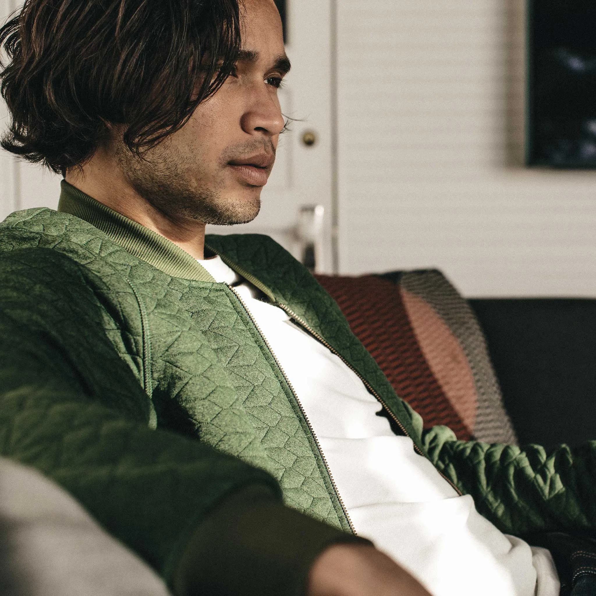 The Inverness Bomber in Olive Knit Quilt