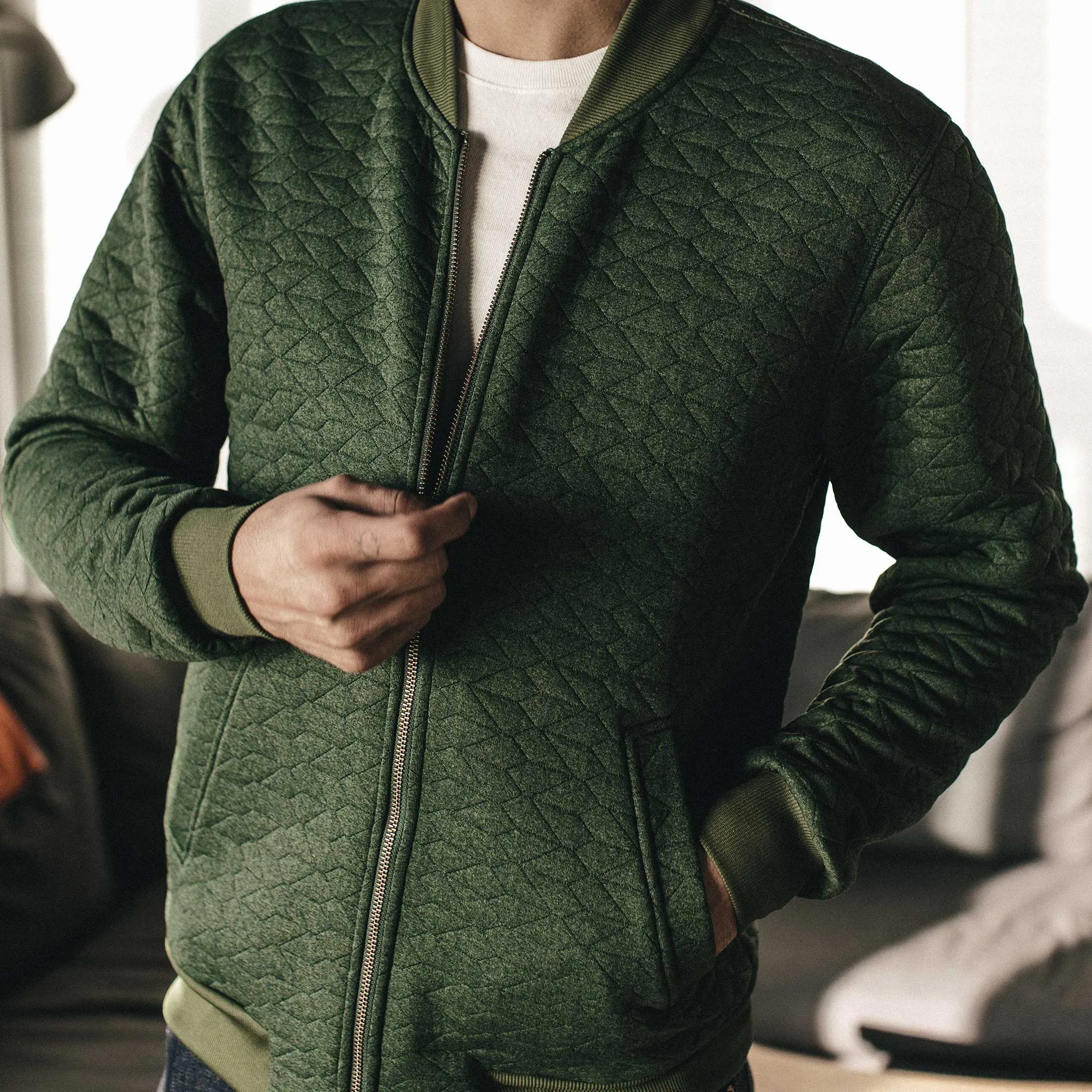 The Inverness Bomber in Olive Knit Quilt