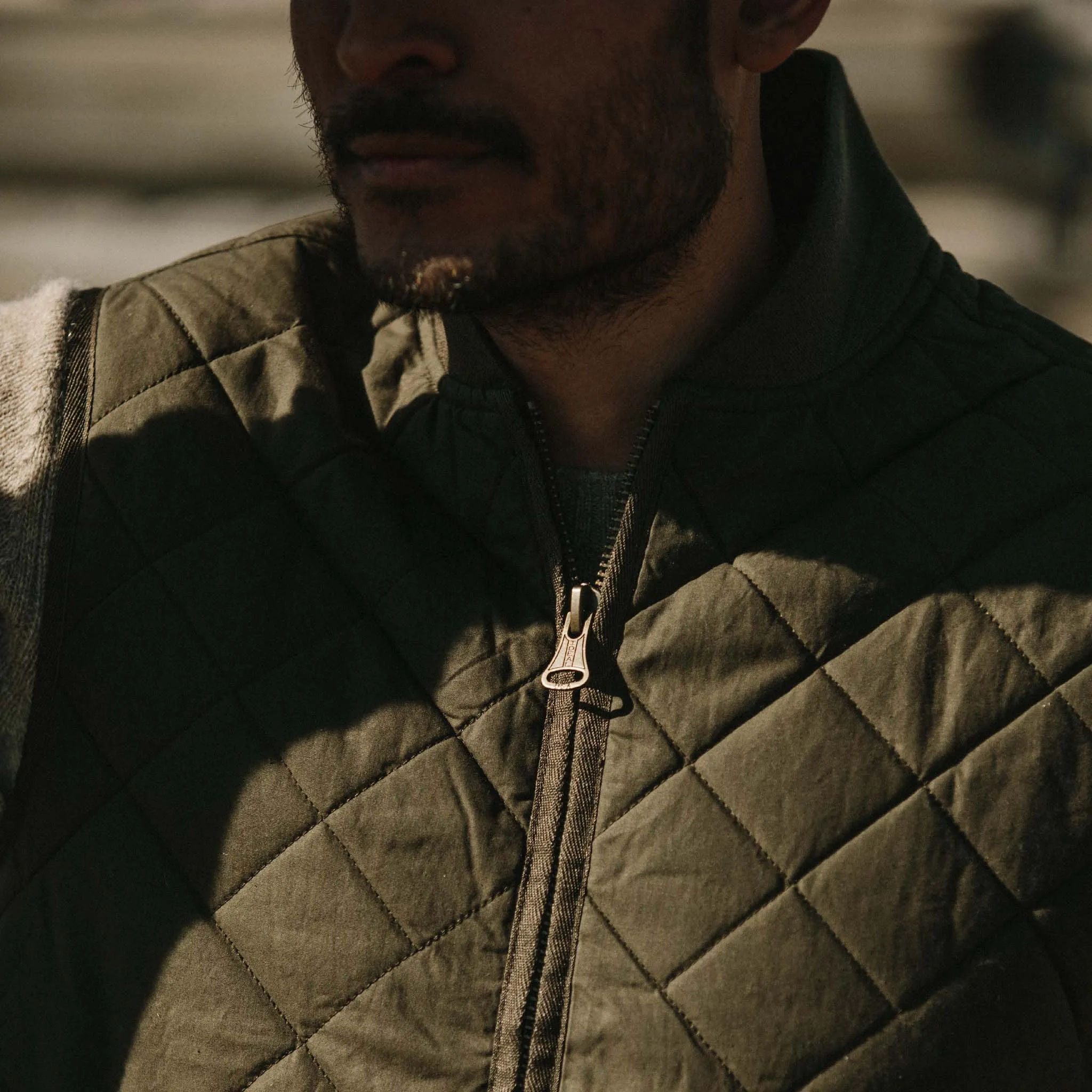 The Quilted Bomber Vest in Olive Dry Wax