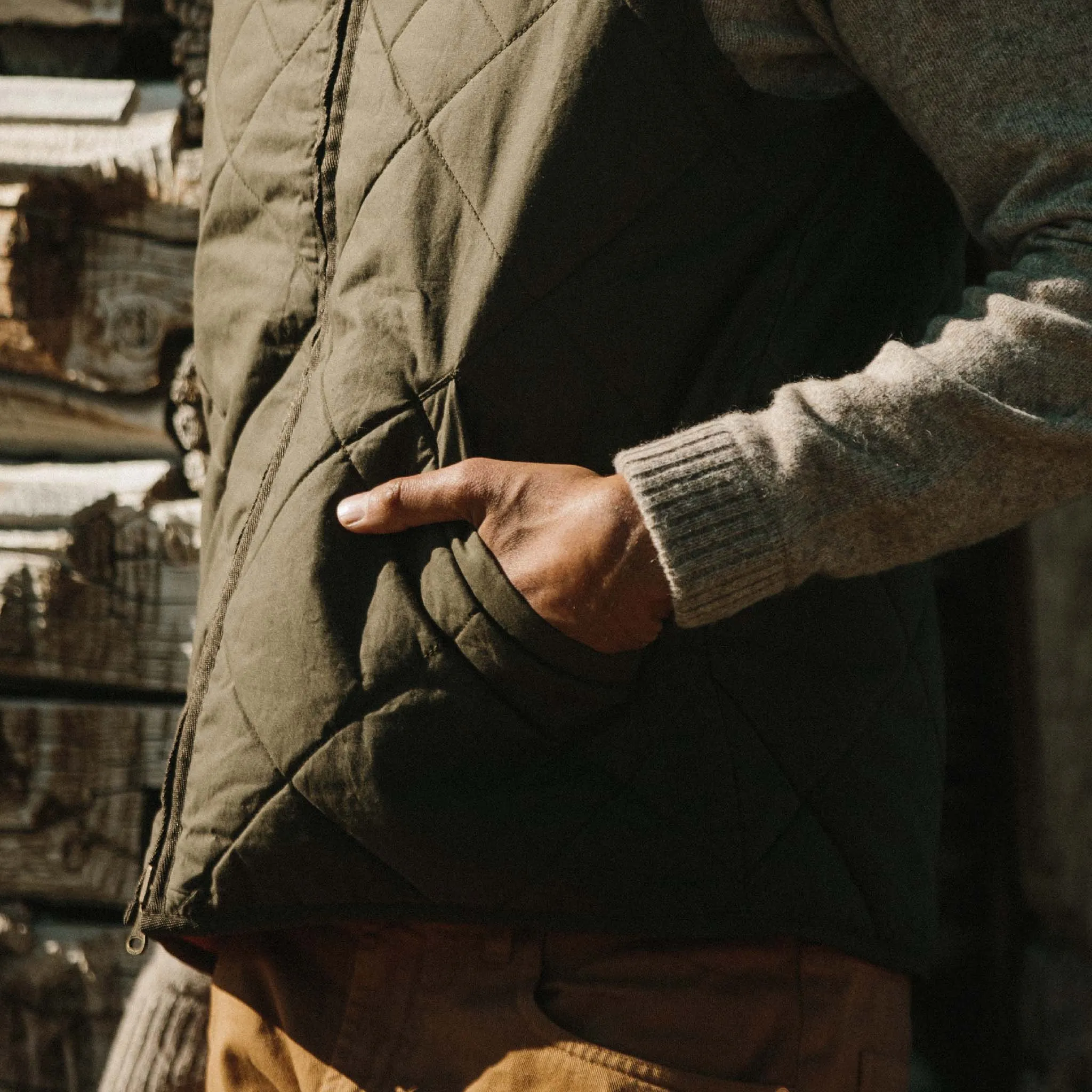 The Quilted Bomber Vest in Olive Dry Wax