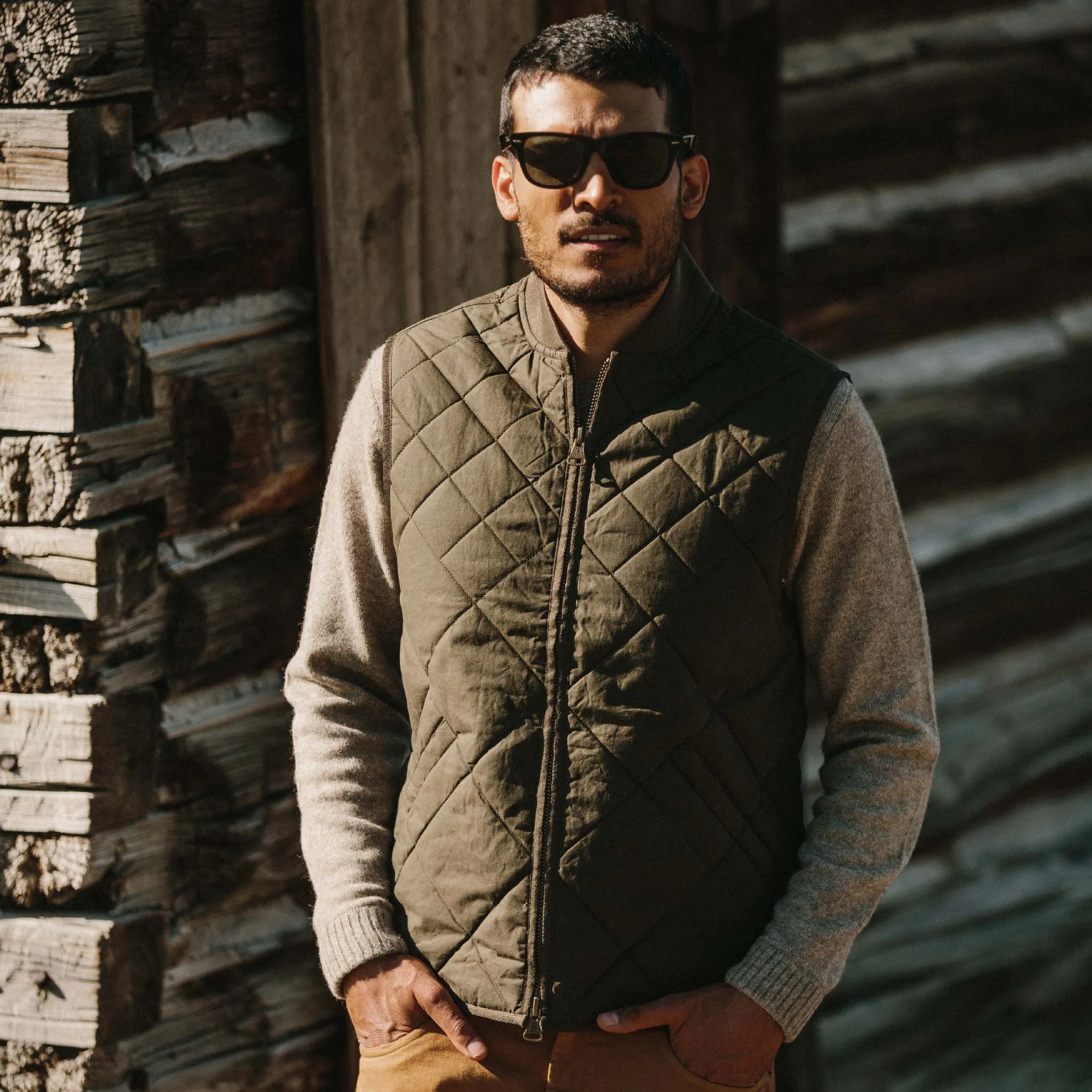 The Quilted Bomber Vest in Olive Dry Wax