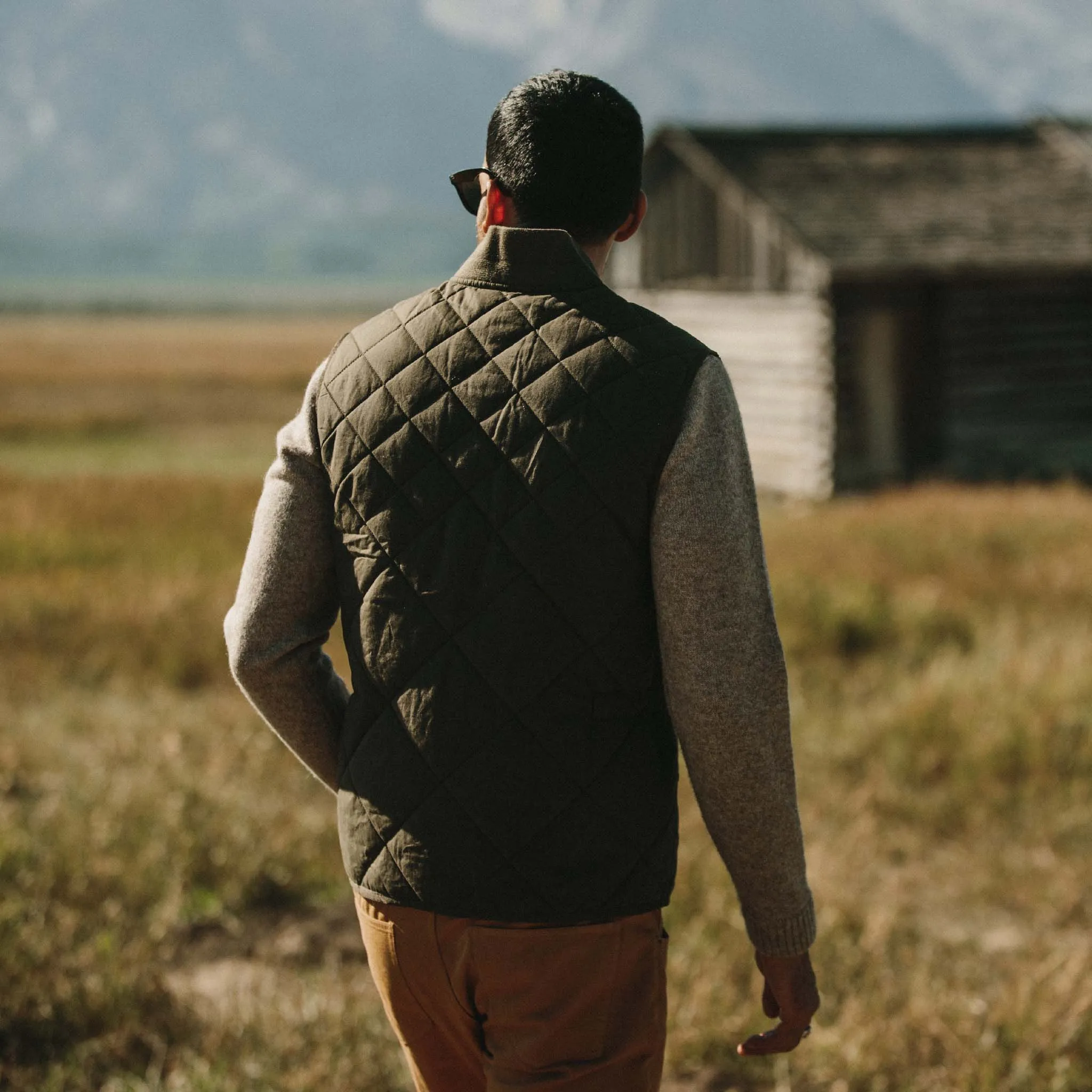 The Quilted Bomber Vest in Olive Dry Wax