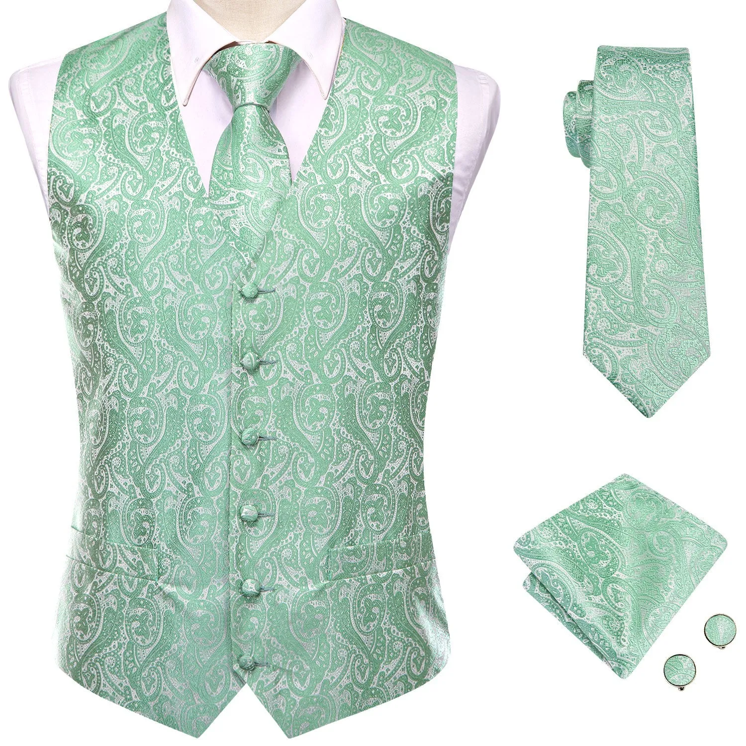 Ties2you Mens Vest Mint Green Paisley Jacquard Silk Vest Hanky Cufflinks Tie Set