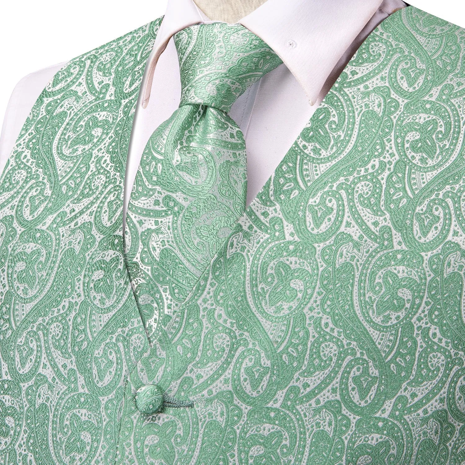 Ties2you Mens Vest Mint Green Paisley Jacquard Silk Vest Hanky Cufflinks Tie Set