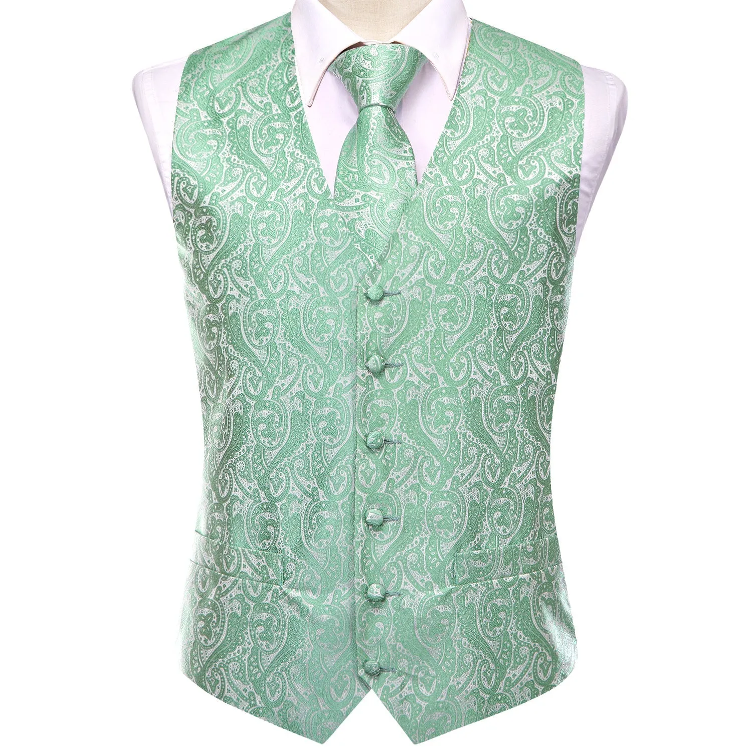 Ties2you Mens Vest Mint Green Paisley Jacquard Silk Vest Hanky Cufflinks Tie Set