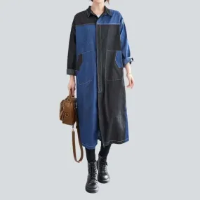 Two-color long denim coat