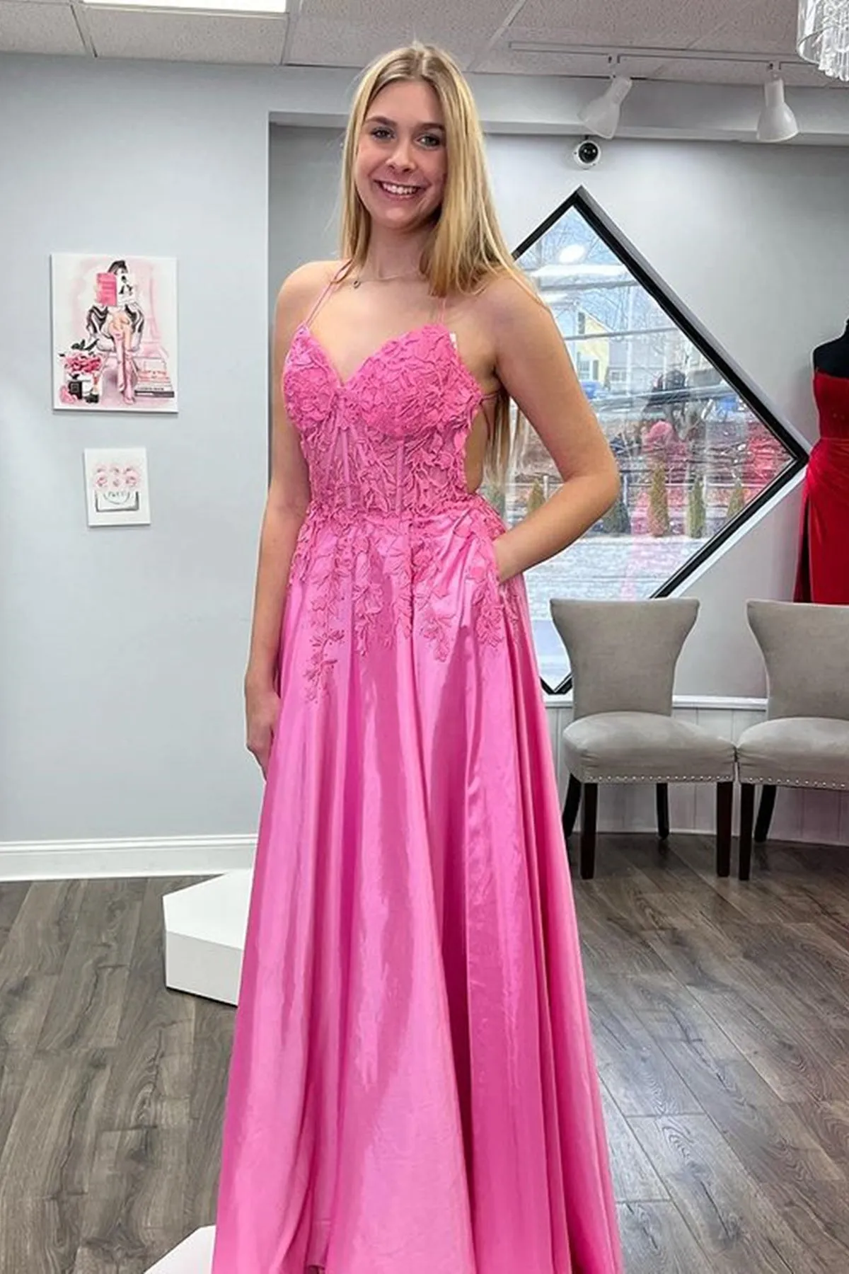 V Neck Backless Pink Lace Long Prom Dress, Pink Lace Formal Dress, Pink Evening Dress A1788