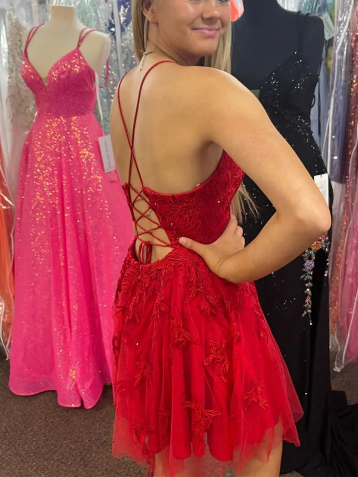 V Neck Backless Red Lace Prom Dresses, Red Lace Homecoming Dresses, Short Red Formal Evening Dresses