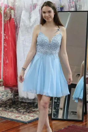 V Neck Open Back Light Blue Lace Short Prom Homecoming Dresses, Light Blue Lace Formal Graduation Evening Dress A1624