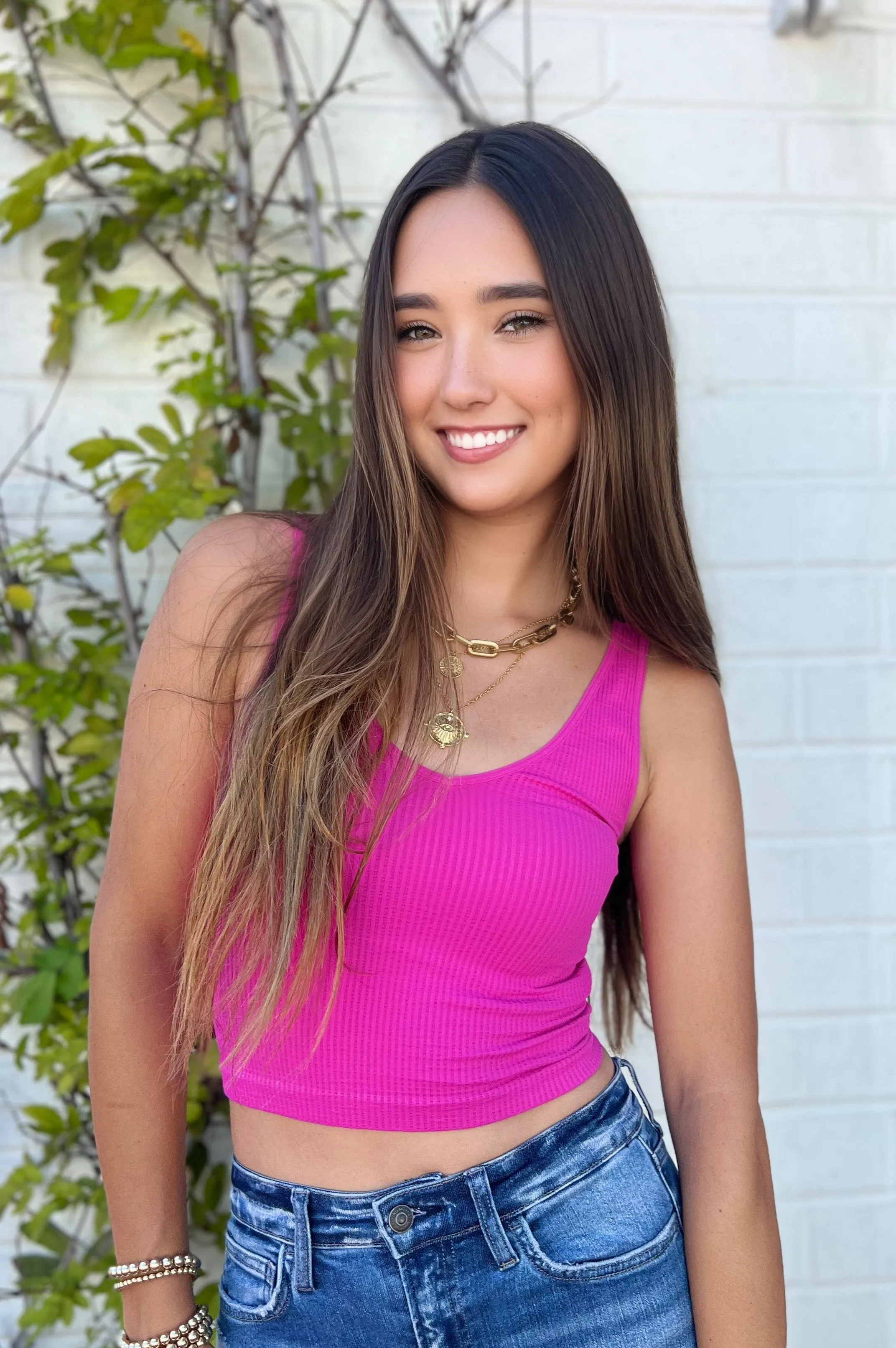 V Neck Ribbed Crop Tank Hot Pink