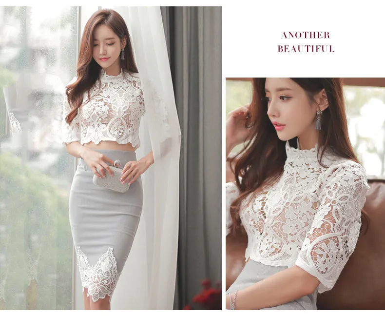 VenusFox Summer White Lace Shirt and Skirt 2 Piece Suit Set