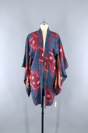 Vintage 1920s Silk Haori Kimono Jacket Cardigan / Dark Blue & Maroon Shibori