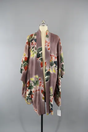 Vintage 1920s Silk Haori Kimono Jacket in Green and Taupe Autumn Leaves Floral Print