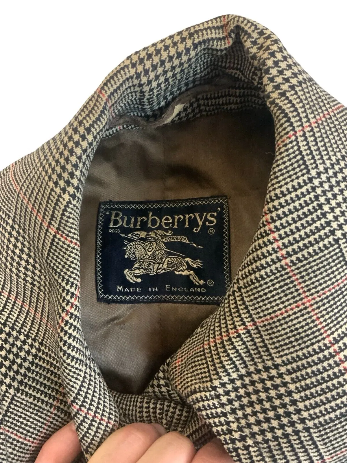 VINTAGE 1980s BURBERRYS CHECKED GREY BLACK RED TRENCH COAT SIZE L