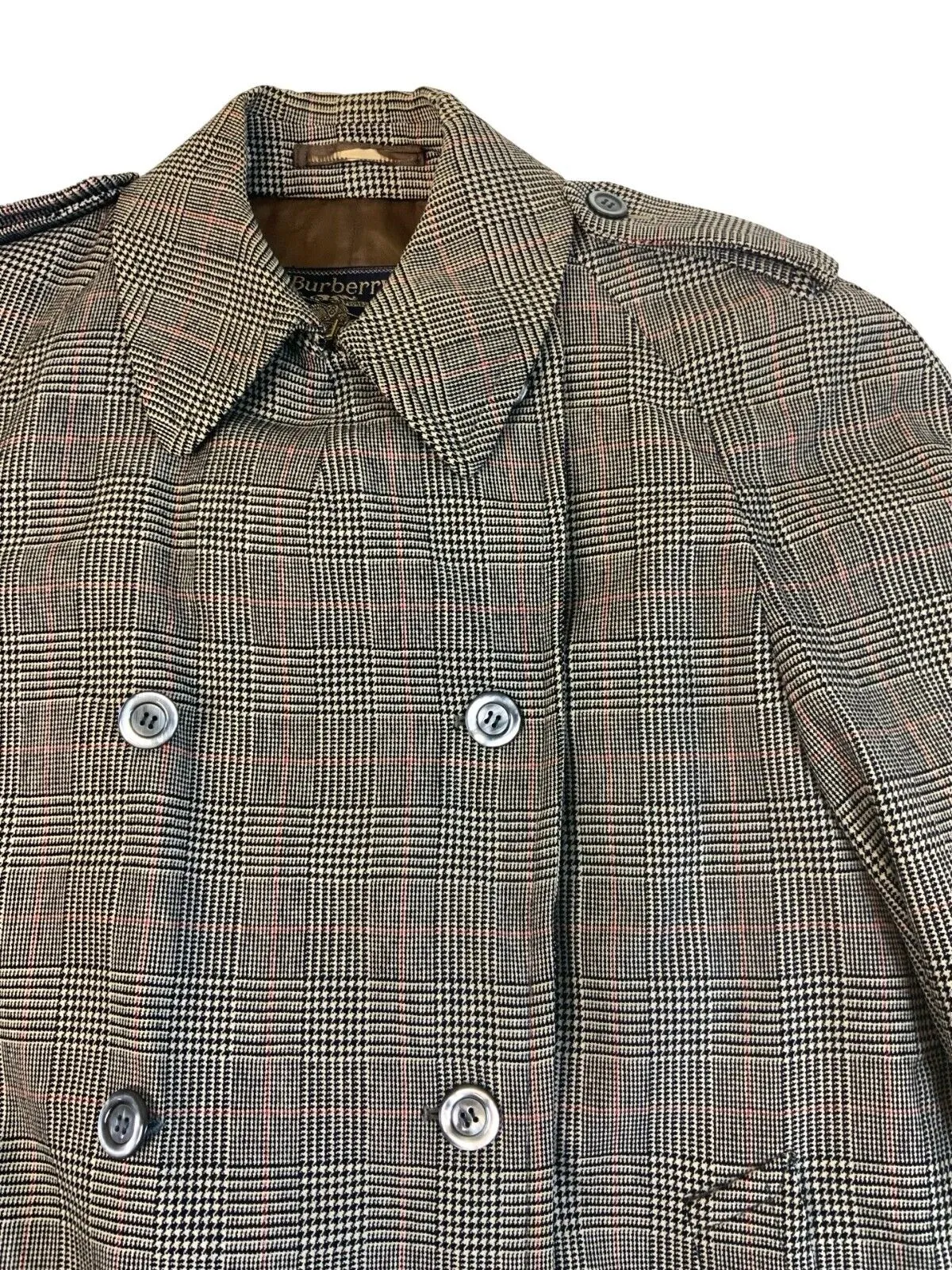 VINTAGE 1980s BURBERRYS CHECKED GREY BLACK RED TRENCH COAT SIZE L