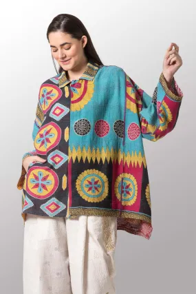 VINTAGE COTTON KANTHA OVERSIZED MINI COAT - cv2332-0005a -