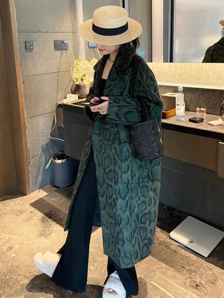 Vintage Leopard Long Straight Coat For Woman Notched Collar Single Breasted High Street Coats Female Winter Fashion