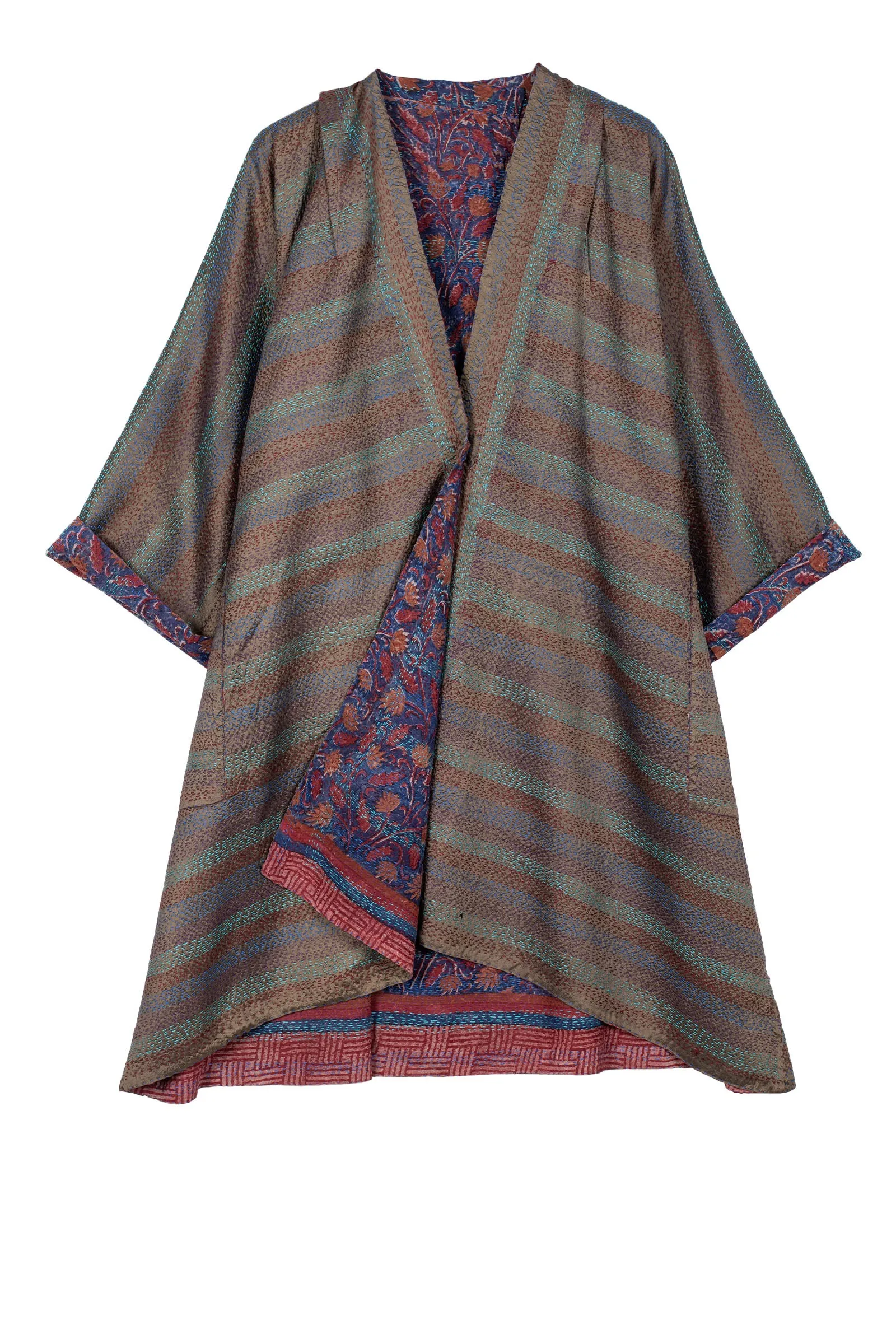 VINTAGE SILK GEORGETTE KANTHA KIMONO DUSTER