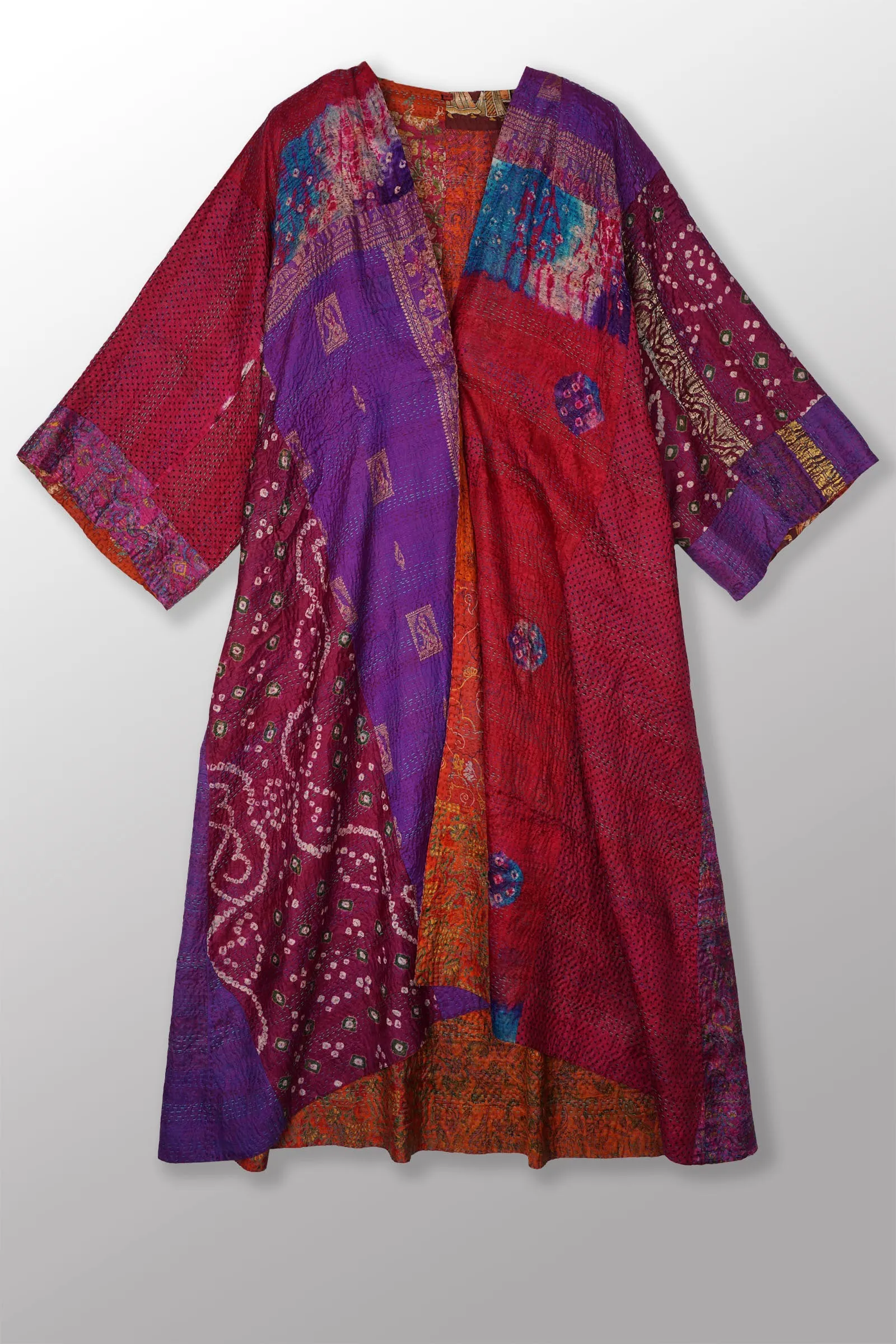 VINTAGE SILK KANTHA KIMONO MAXI - sv2318-0011a -