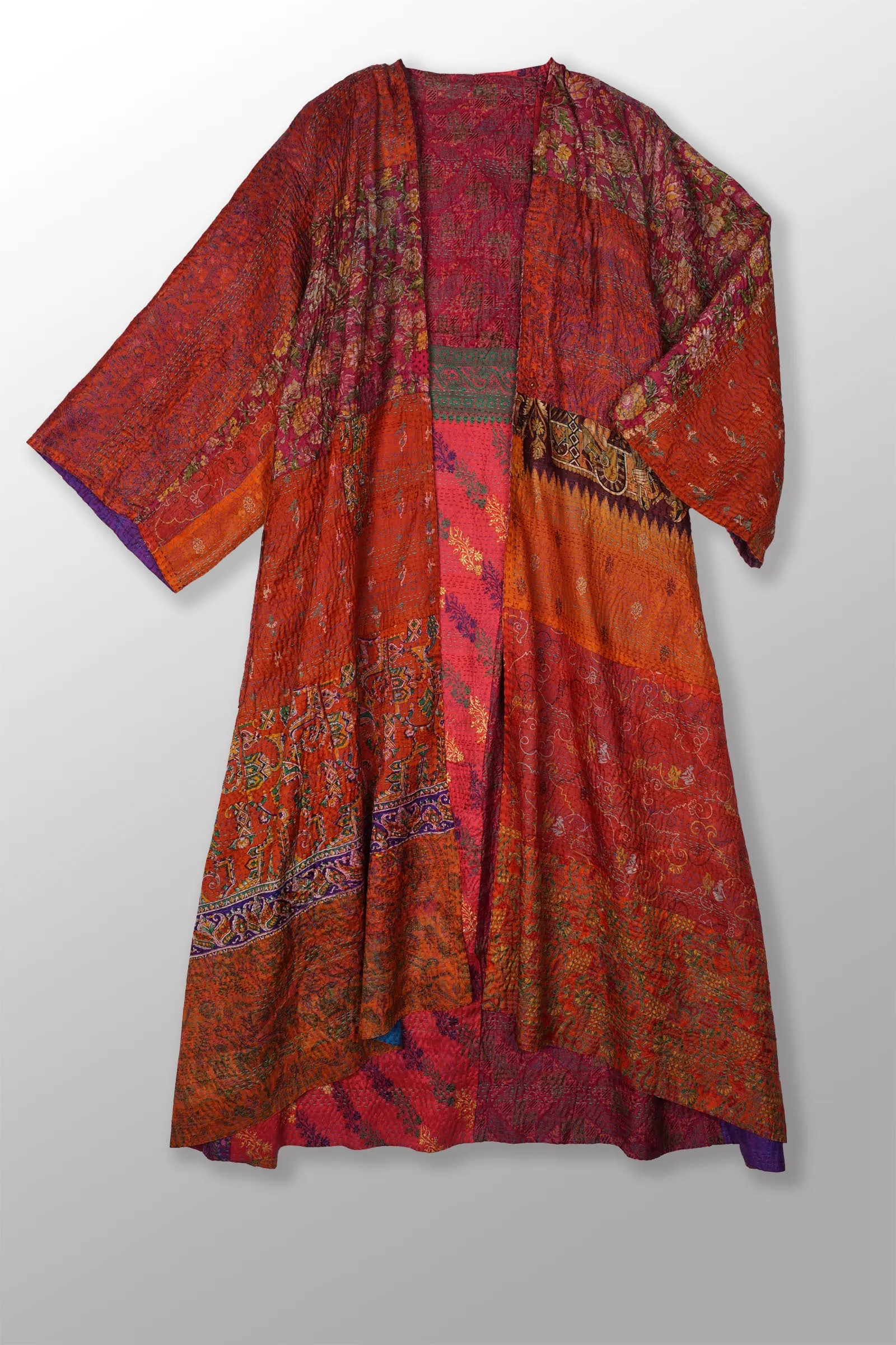 VINTAGE SILK KANTHA KIMONO MAXI - sv2318-0011a -