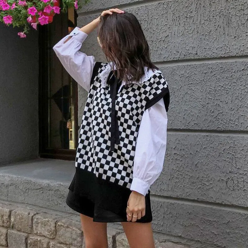 Wenkouban Ladies Autumn Winter Plaid Sweater Women Vest Pullover Casual Loose Streetwear Women Sweaters Knitted Female Waistcoat Chic Tops