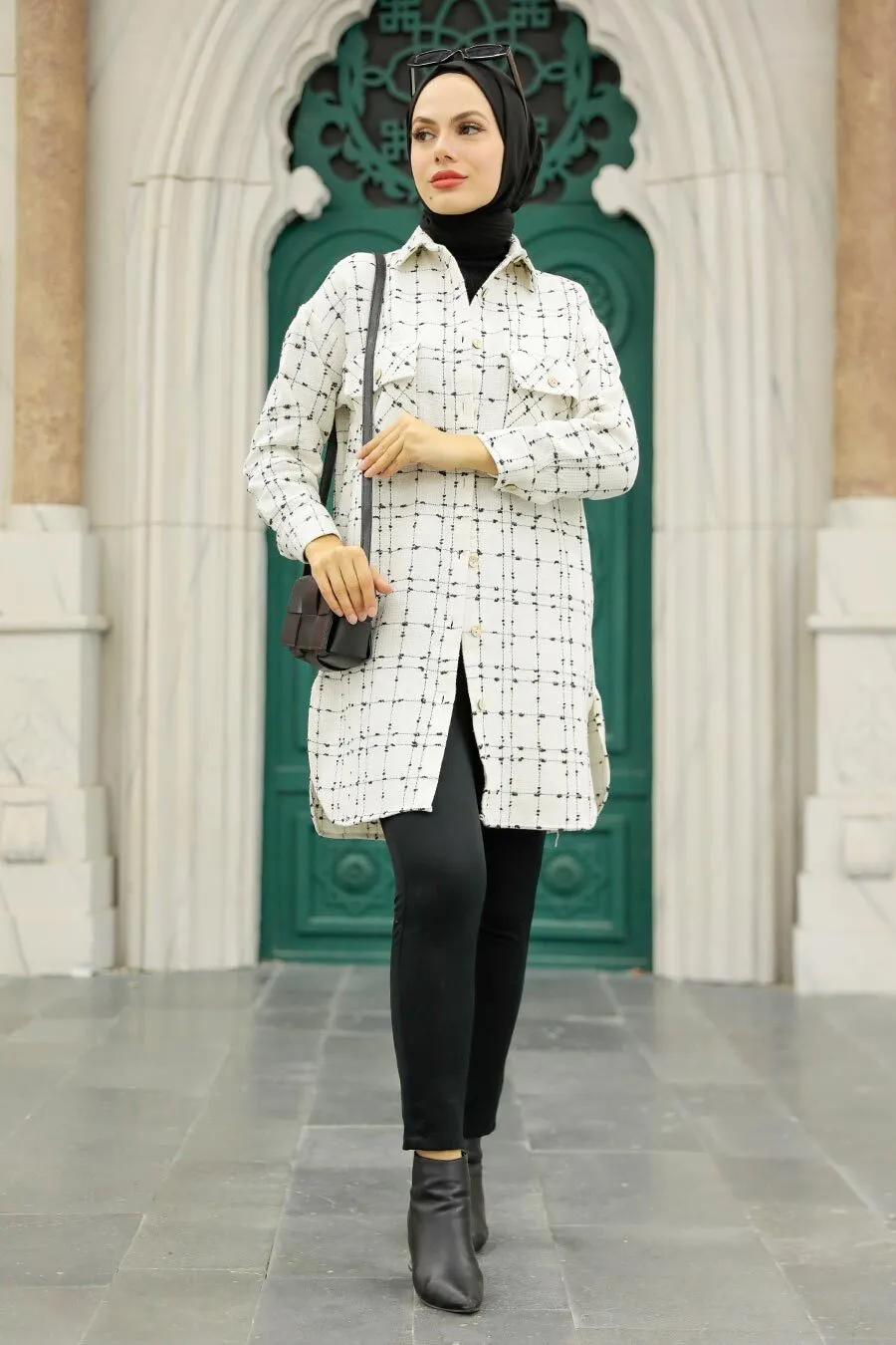 White Grid Print Modest Shacket