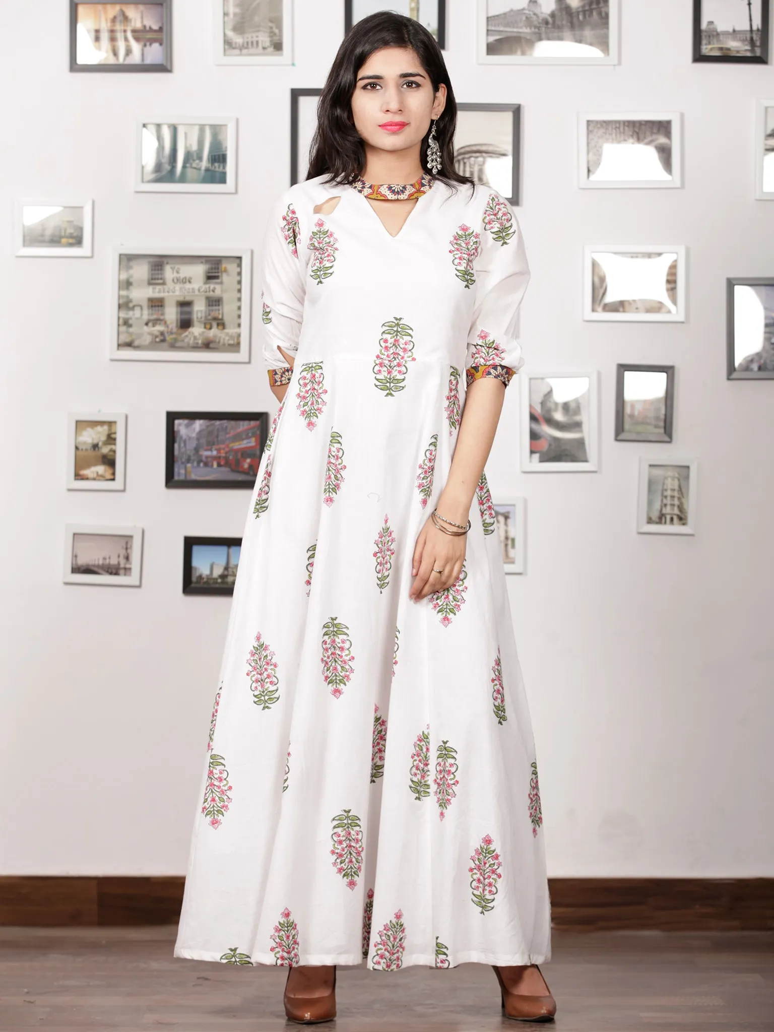 White Pink Green Hand Block Printed Panel Cotton Long Dress With Cape (Set of 2) - D282F1502