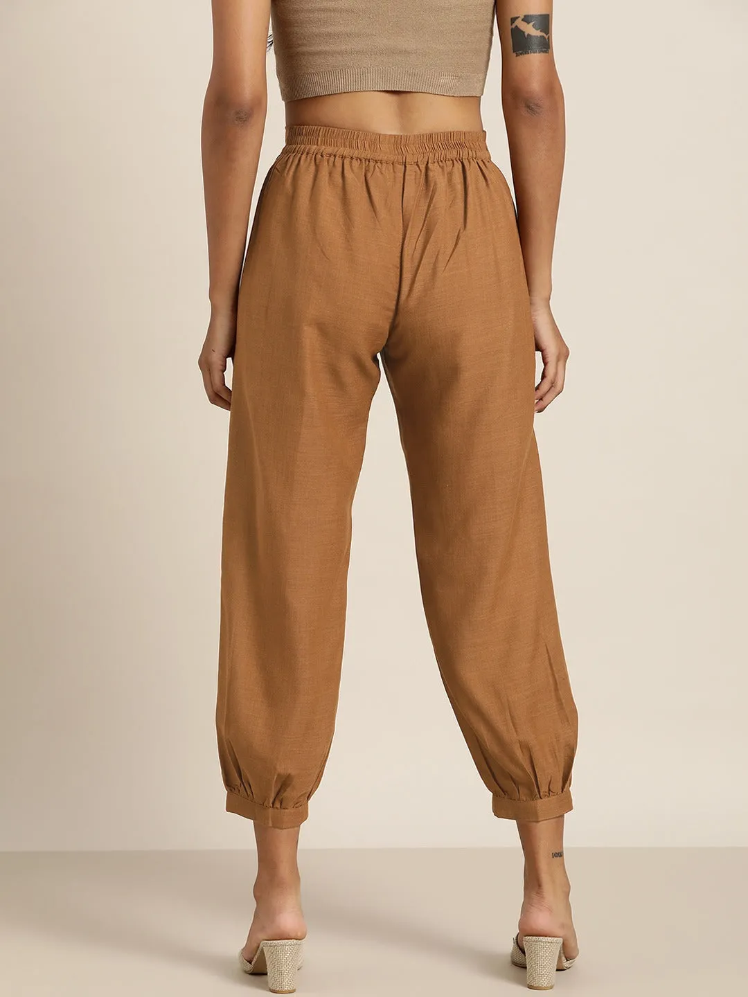 Women Brown Cuffed Hem Pants