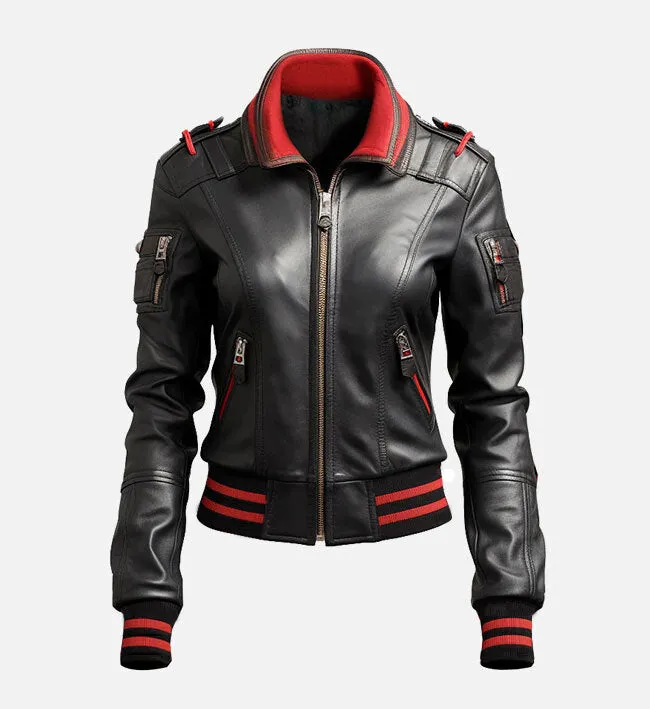 Women’s Black & Red Bomber Leather Jacket