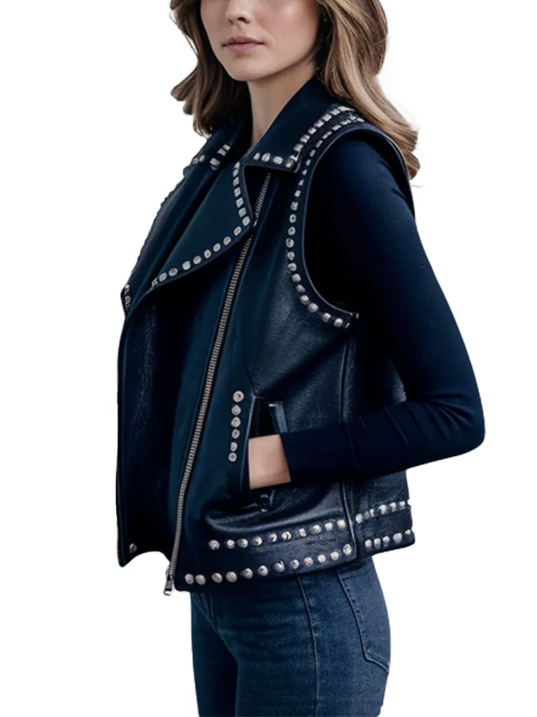 Women's Black Studded Modern Design Leather Vest