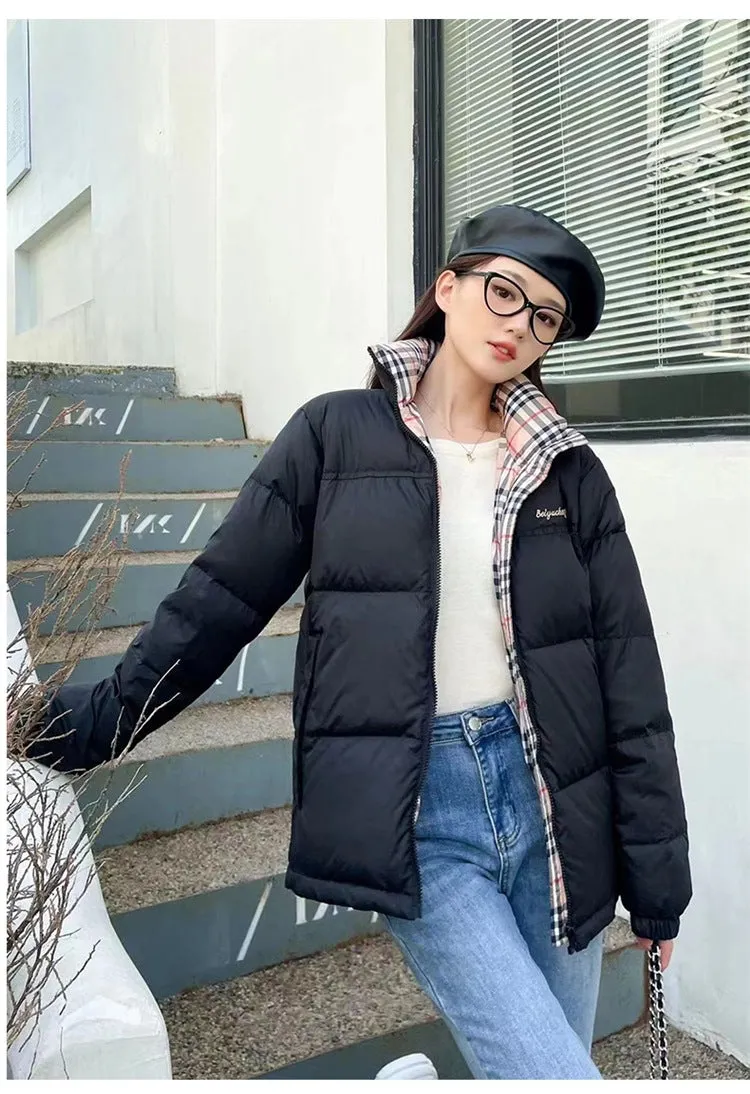 Women's new fashion stand-up collar temperament versatile plaid splicing down jacket