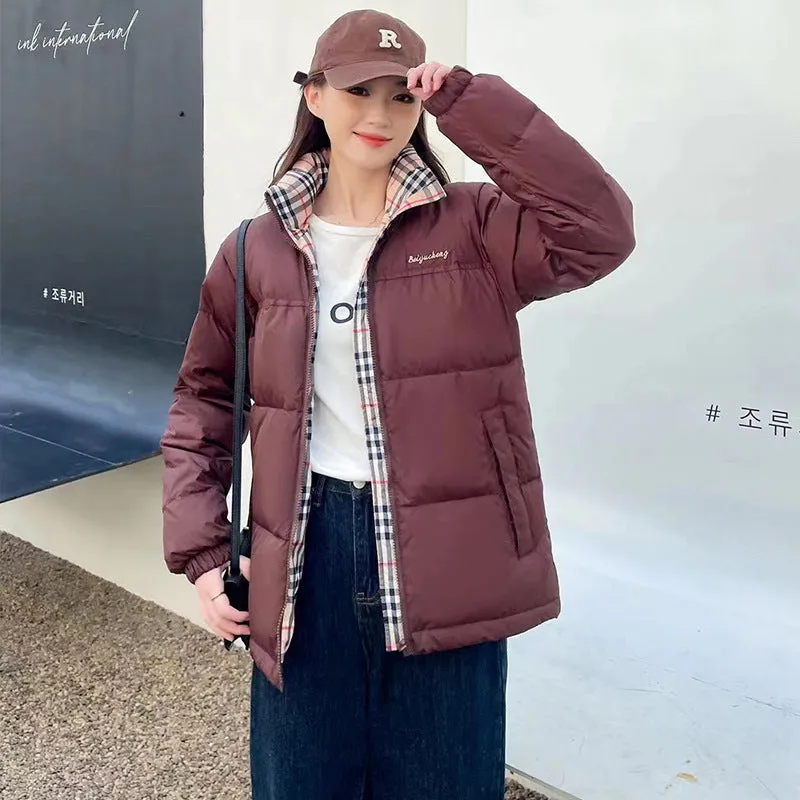 Women's new fashion stand-up collar temperament versatile plaid splicing down jacket