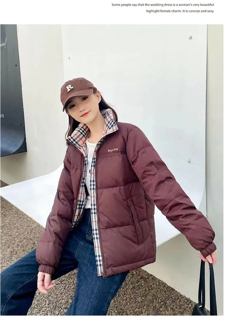 Women's new fashion stand-up collar temperament versatile plaid splicing down jacket