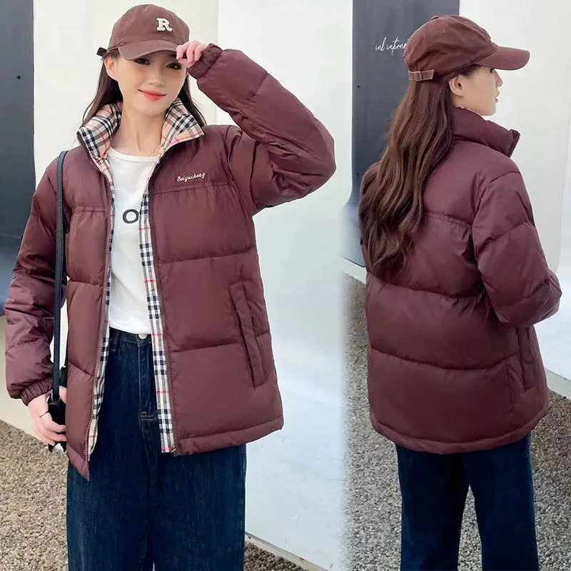 Women's new fashion stand-up collar temperament versatile plaid splicing down jacket