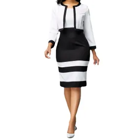 Women's Patch High Waist Slim-fit Contrast Colors Commuter Business Dress Two-piece Set