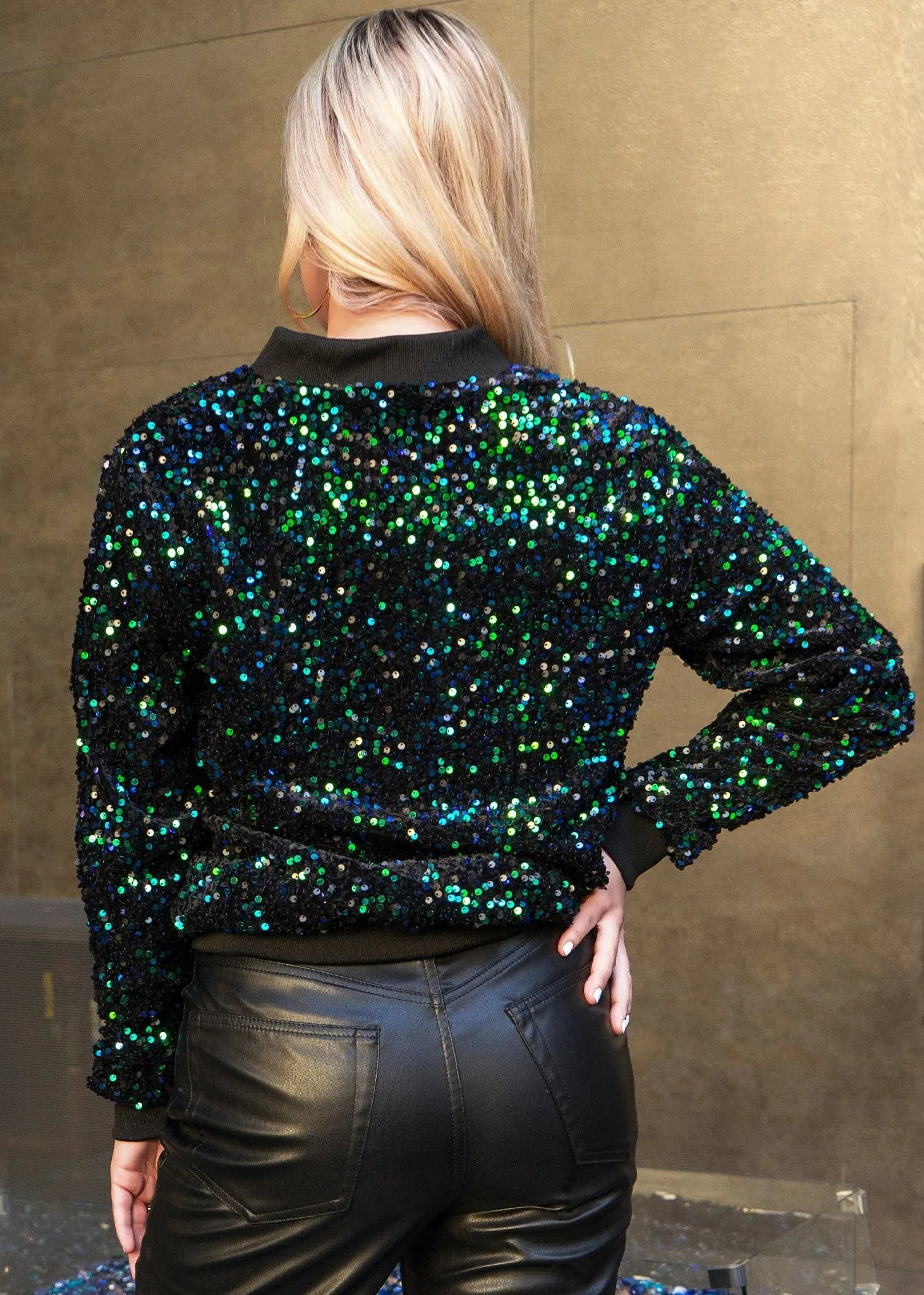 Women's Sparkly Sequin Jacket Glitter Long Sleeves Front Zip