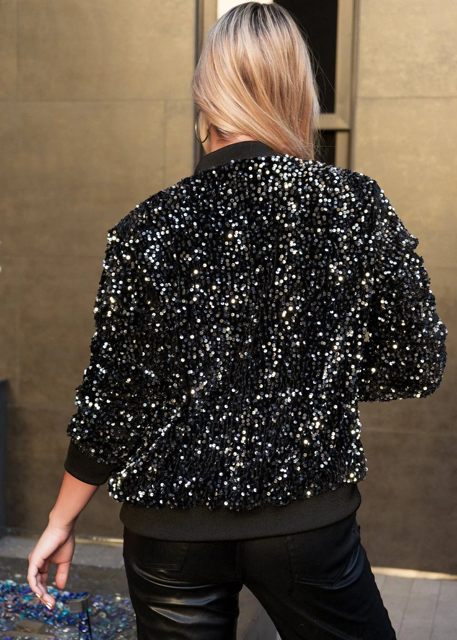 Women's Sparkly Sequin Jacket Glitter Long Sleeves Front Zip