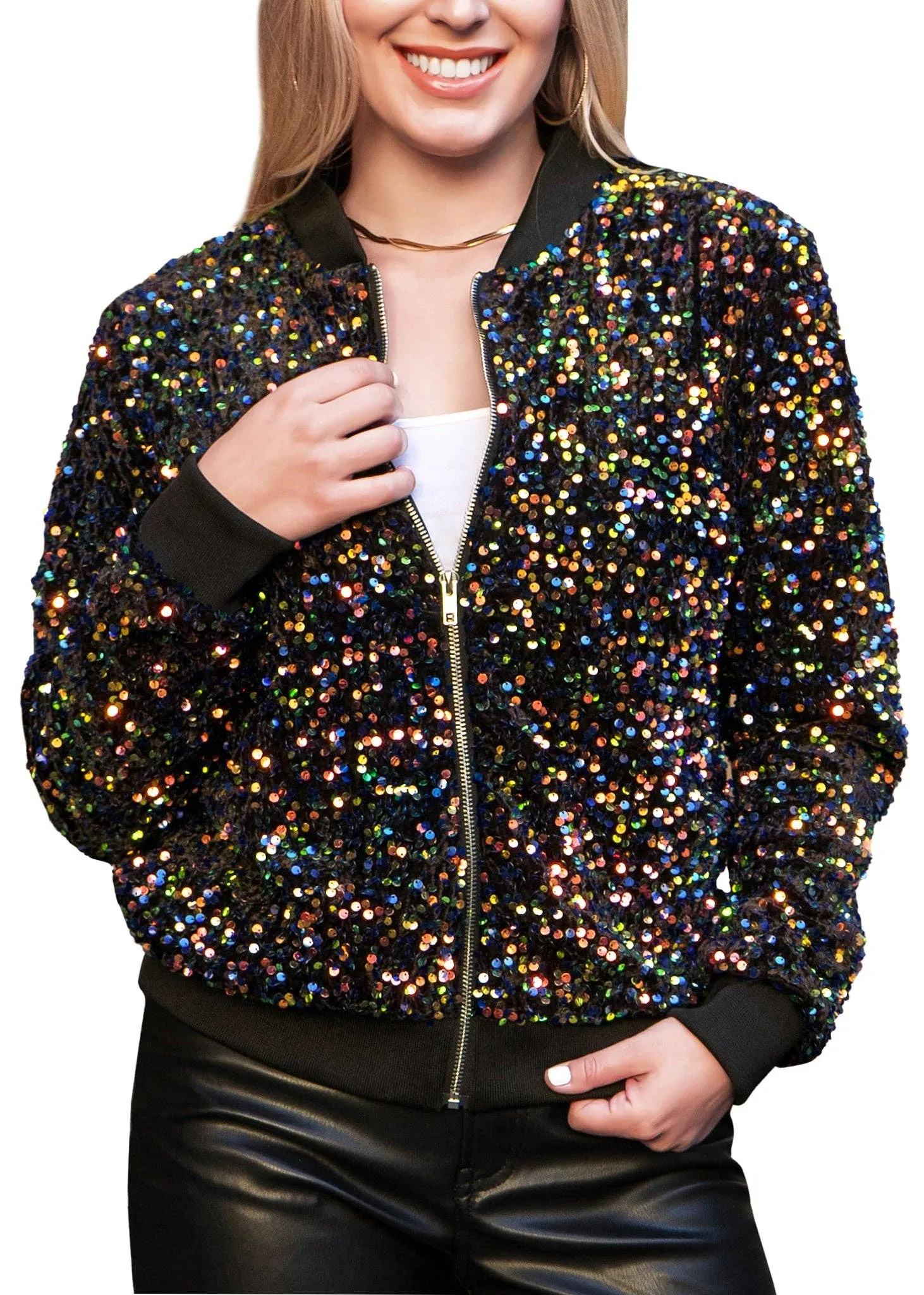 Women's Sparkly Sequin Jacket Glitter Long Sleeves Front Zip