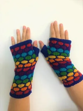 Wool Knit Fleece Lined  Wrist Warmers - Blue Rainbow Spot