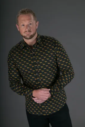 Yellow Horses Green Print Cotton Slim Fit Mens Shirt Long Sleeve