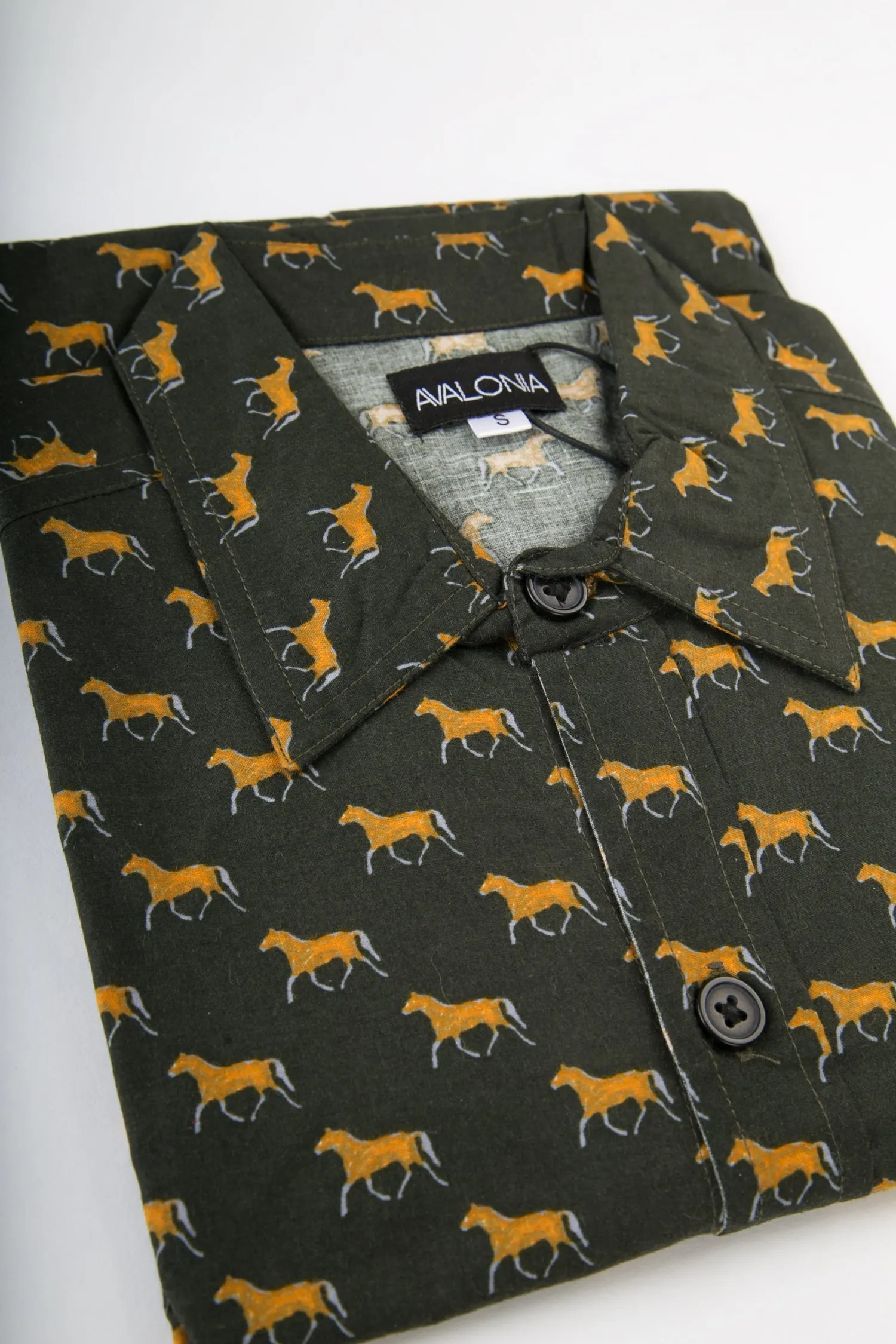 Yellow Horses Green Print Cotton Slim Fit Mens Shirt Long Sleeve